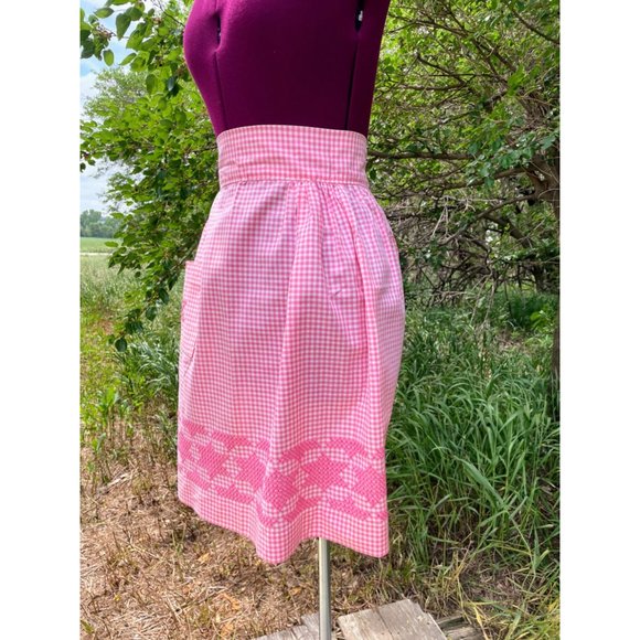 Vintage 1950s Half Apron Pink Gingham Check Smocked Stars Farmhouse - Picture 7 of 16